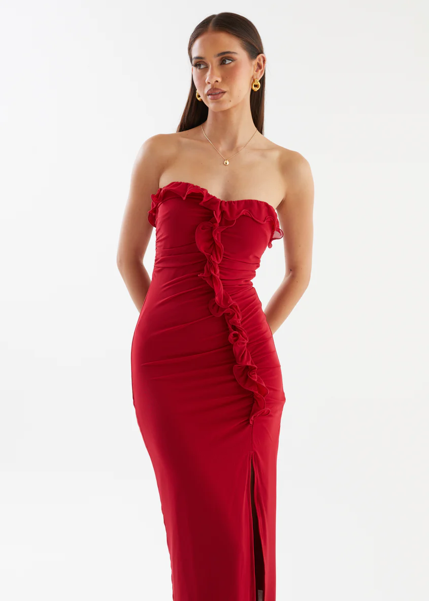 Abi Strapless Mesh Midi Dress - Red - Image 3