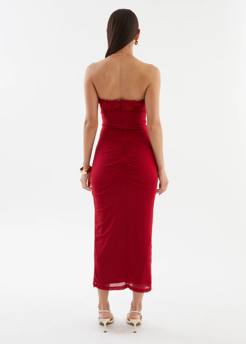 Abi Strapless Mesh Midi Dress - Red - Image 7