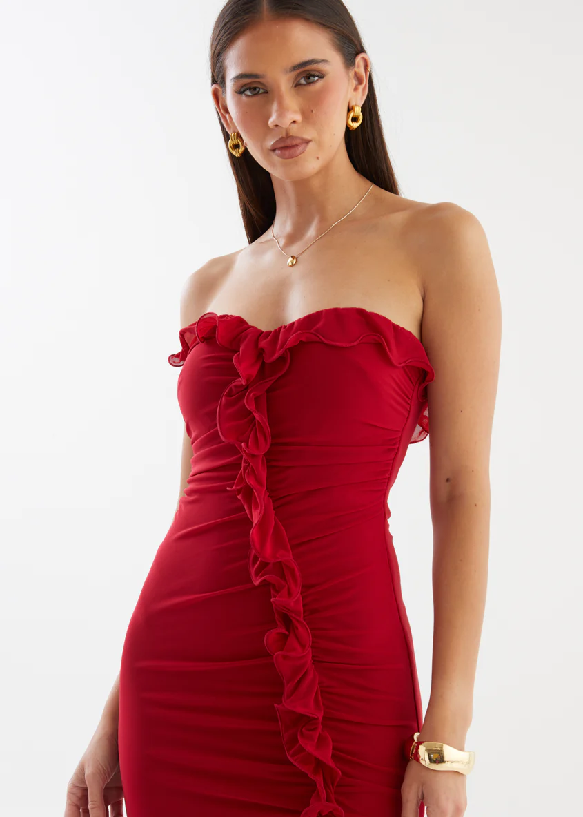 Abi Strapless Mesh Midi Dress - Red - Image 8