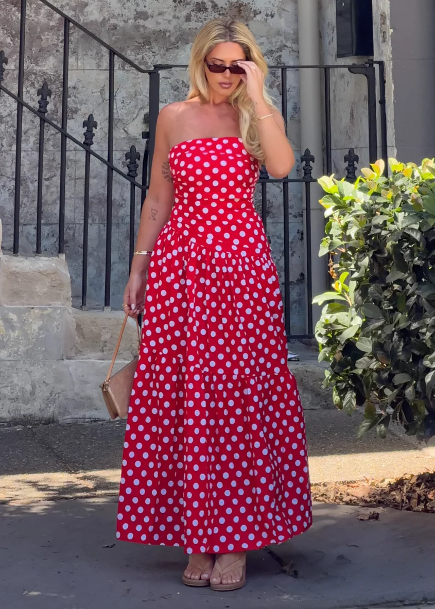 Abie Strapless Maxi Dress - Red Polka - Image 2