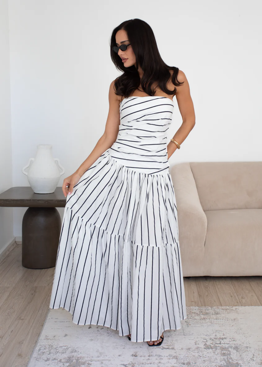 Abie Strapless Maxi Dress - White Stripe - Image 9