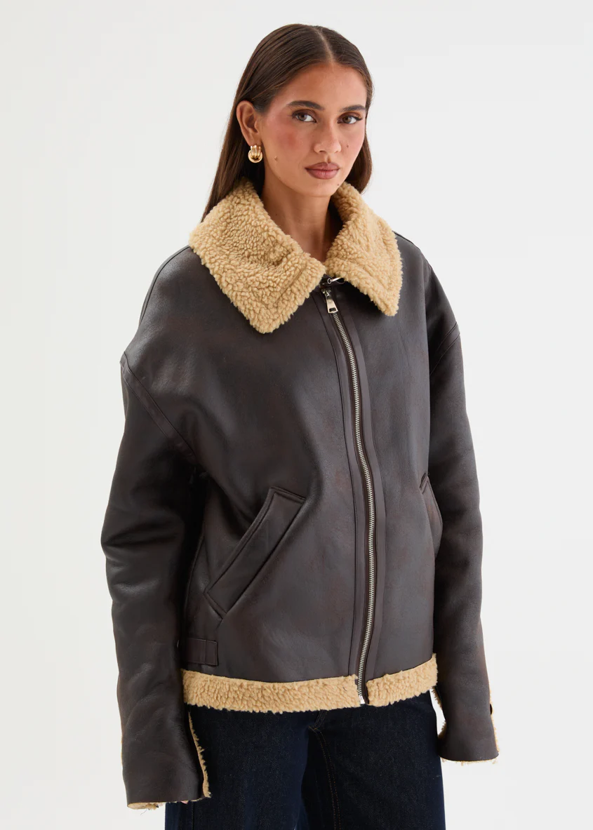 Addison PU Aviator Jacket - Teddy Brown - Image 5