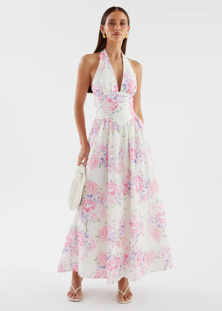 Afia Halter Embroidered Maxi Dress - Pink Flowers - Image 2
