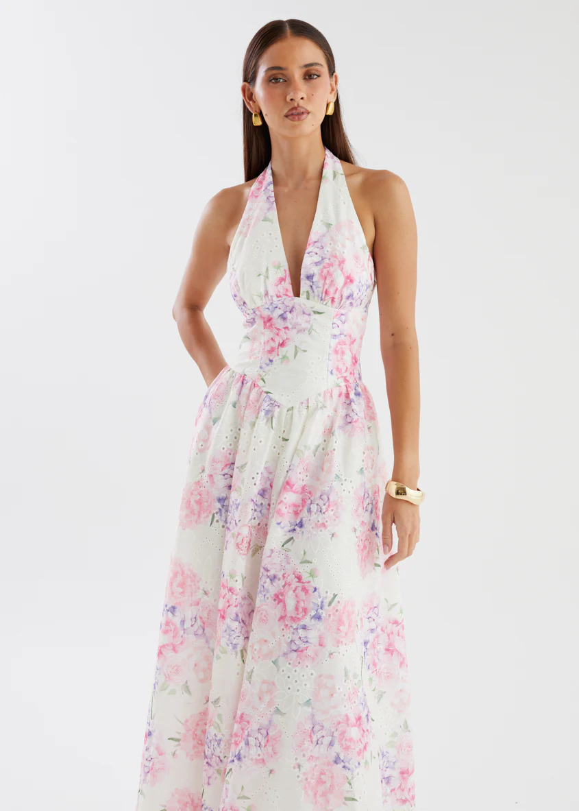 Afia Halter Embroidered Maxi Dress - Pink Flowers - Image 4