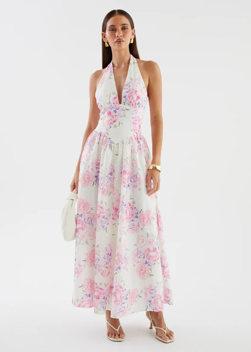 Afia Halter Embroidered Maxi Dress - Pink Flowers - Image 5