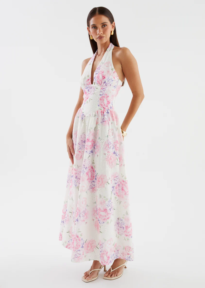 Afia Halter Embroidered Maxi Dress - Pink Flowers - Image 9