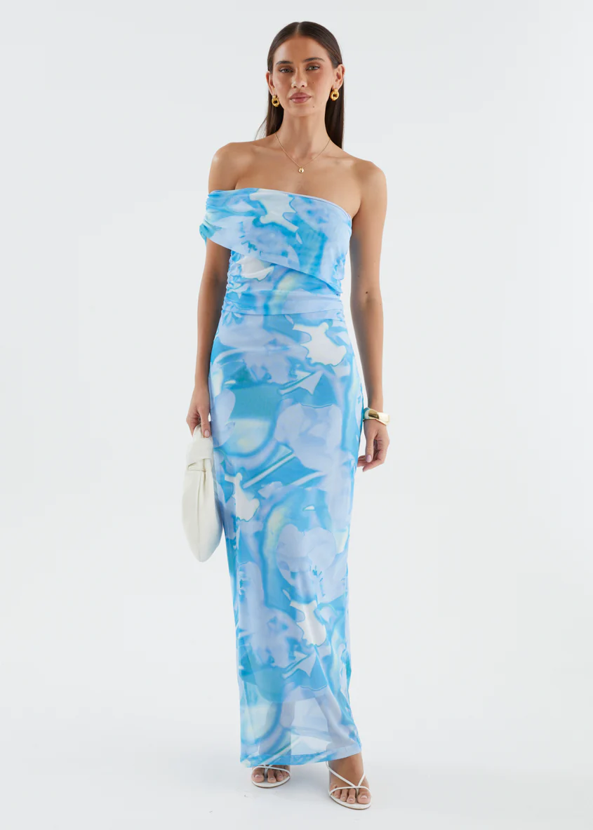 Aleia One Shoulder Mesh Maxi Dress - Blue Watercolour