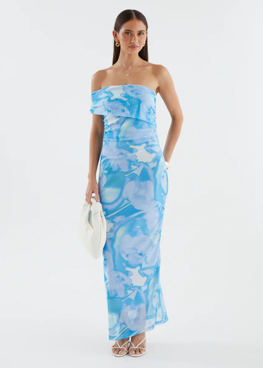Aleia One Shoulder Mesh Maxi Dress - Blue Watercolour - Image 3