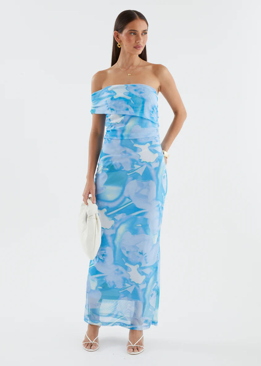 Aleia One Shoulder Mesh Maxi Dress - Blue Watercolour - Image 4