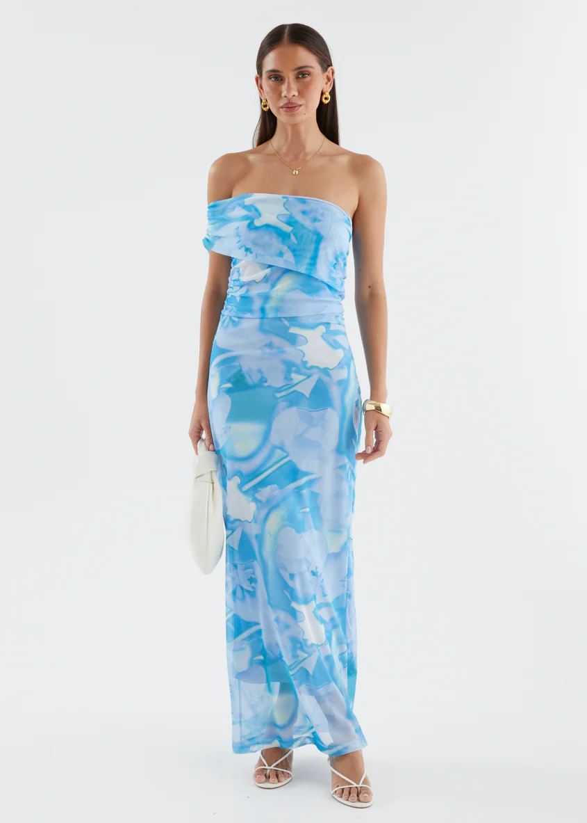 Aleia One Shoulder Mesh Maxi Dress - Blue Watercolour - Image 6