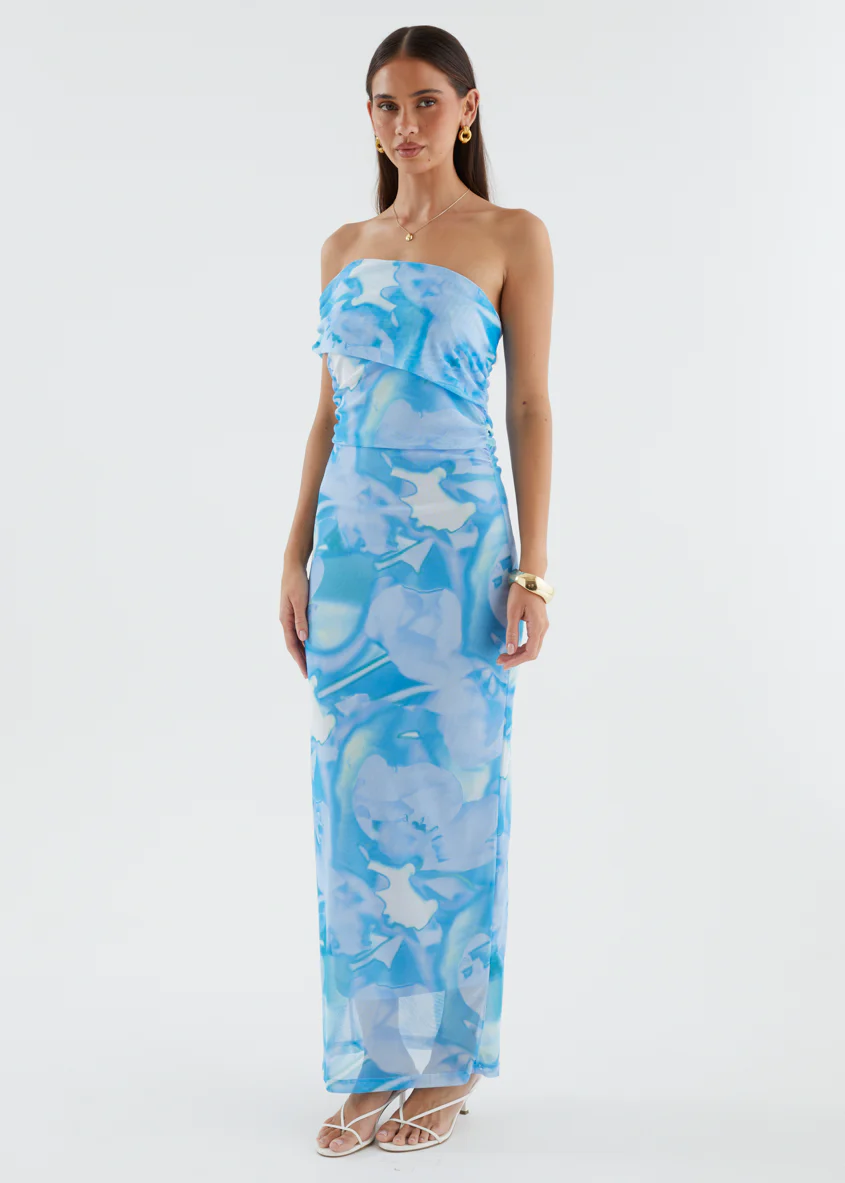 Aleia One Shoulder Mesh Maxi Dress - Blue Watercolour - Image 7
