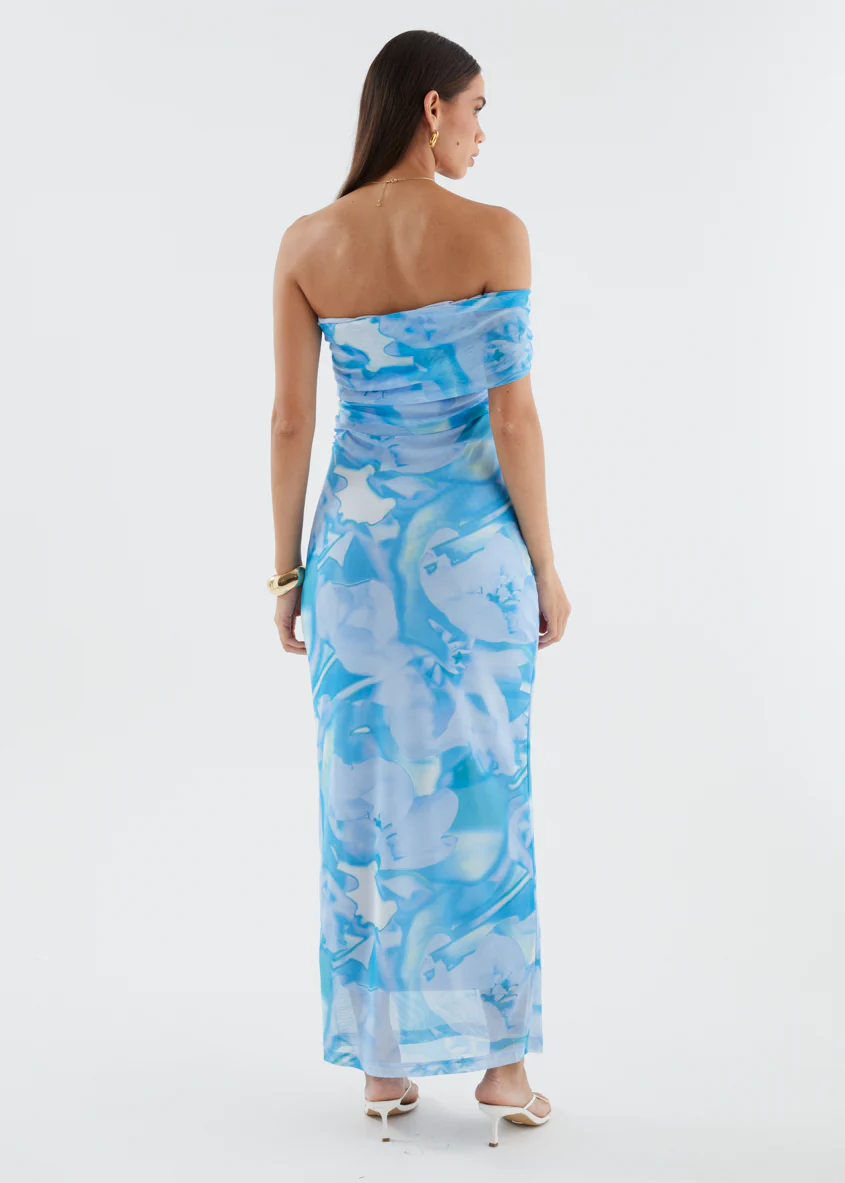Aleia One Shoulder Mesh Maxi Dress - Blue Watercolour - Image 8