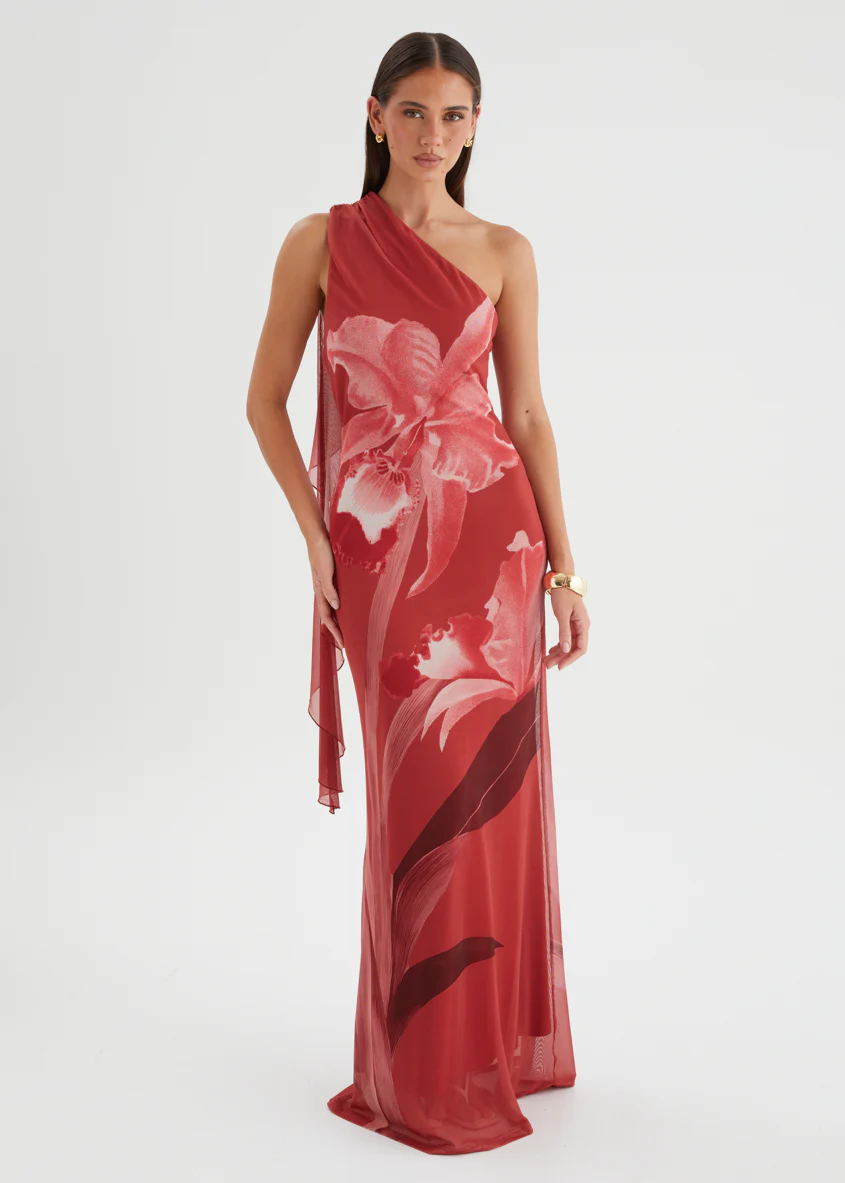 Anjy One Shoulder Mesh Maxi Dress - Strawberry Bloom