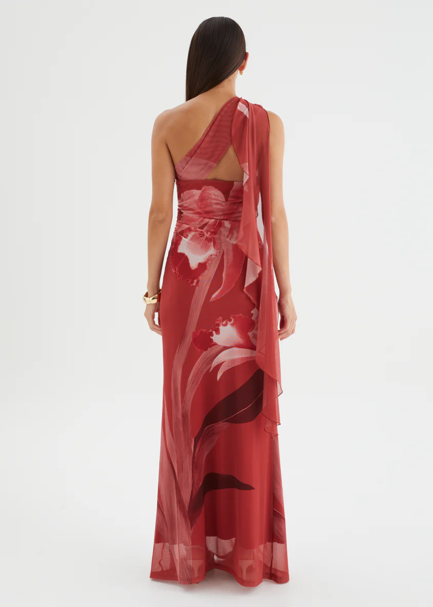 Anjy One Shoulder Mesh Maxi Dress - Strawberry Bloom - Image 7