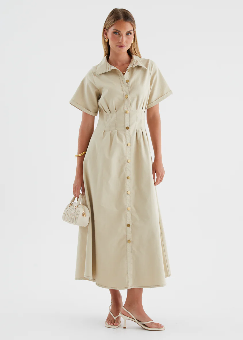Annika Denim Midi Dress - Beige - Image 3