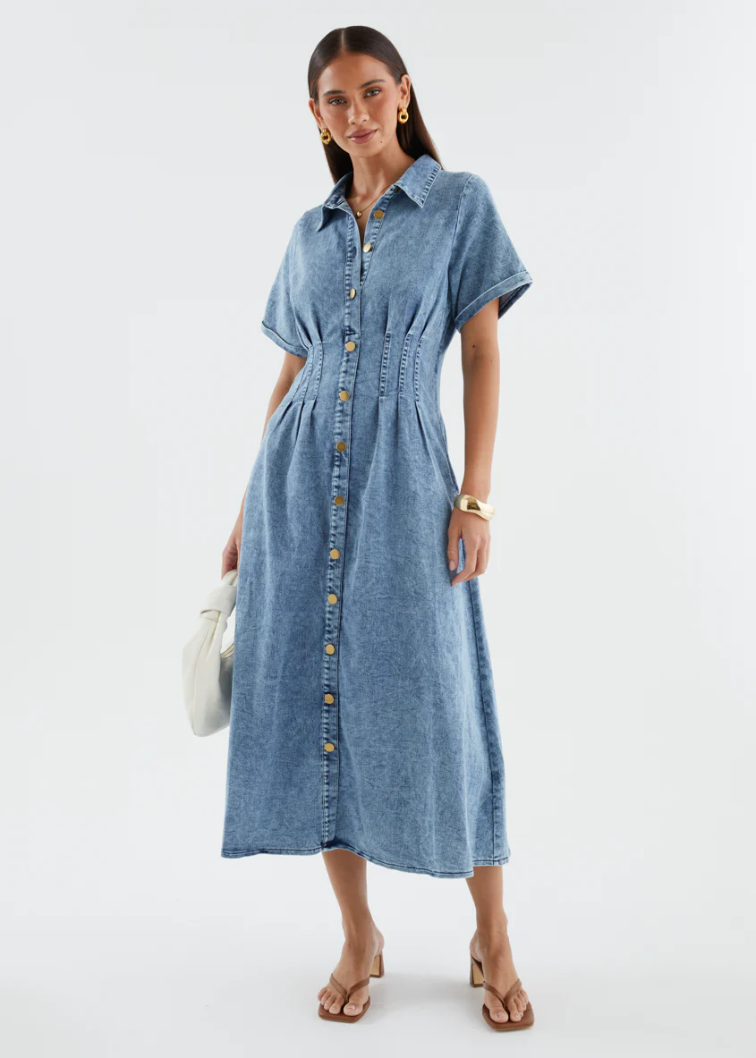 Annika Denim Midi Dress - Washed Blue - Image 3