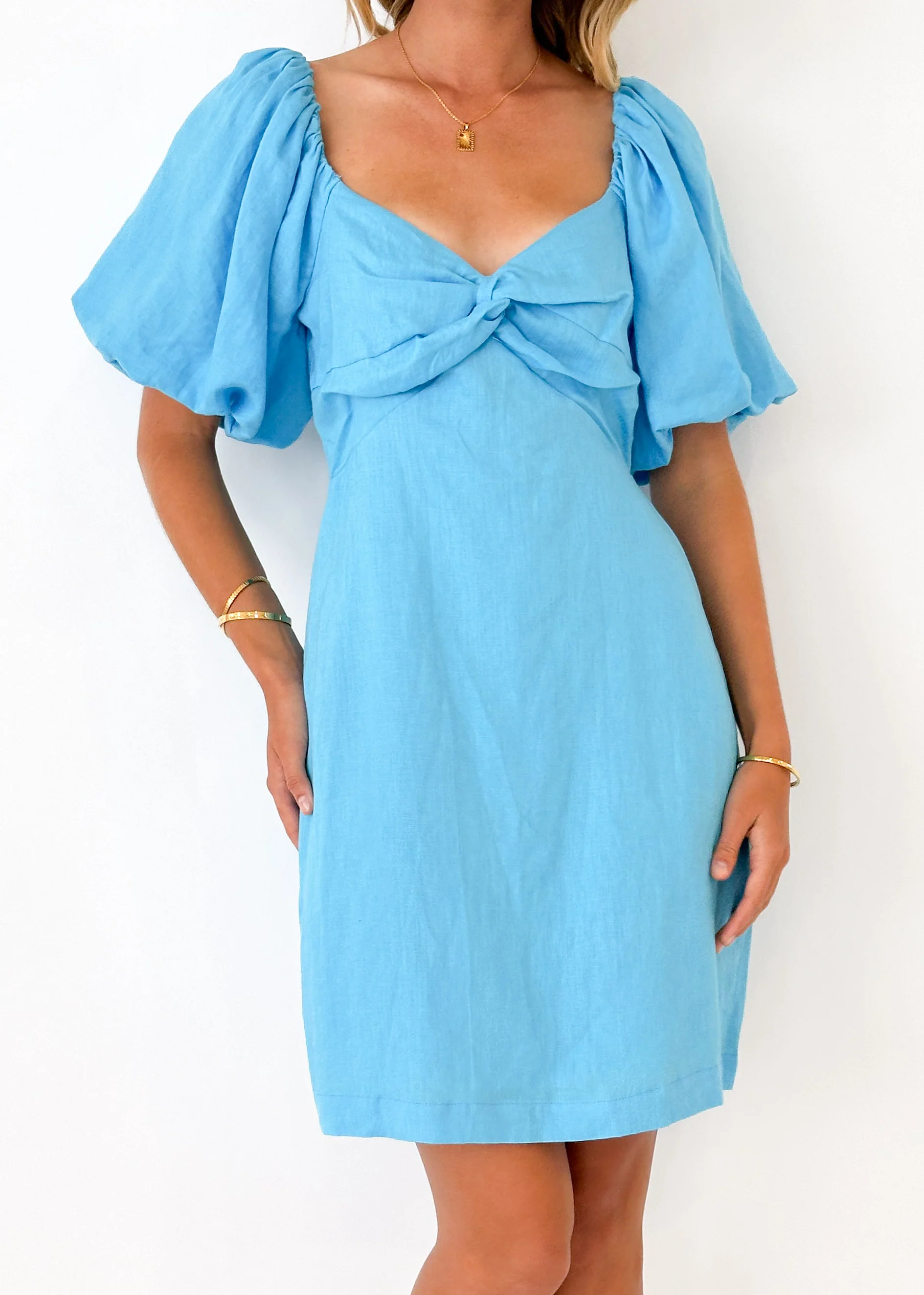 Argy Linen Off Shoulder Dress - Blue - Image 6