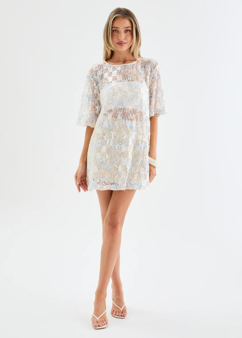 Avaria Sequin Lace Dress - Blue Ice