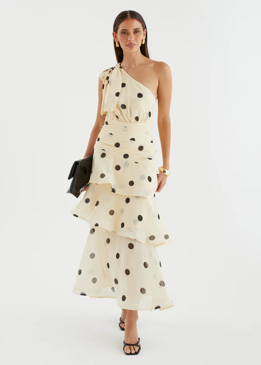 Bailee One Shoulder Midi Dress - Cream Polka - Image 18