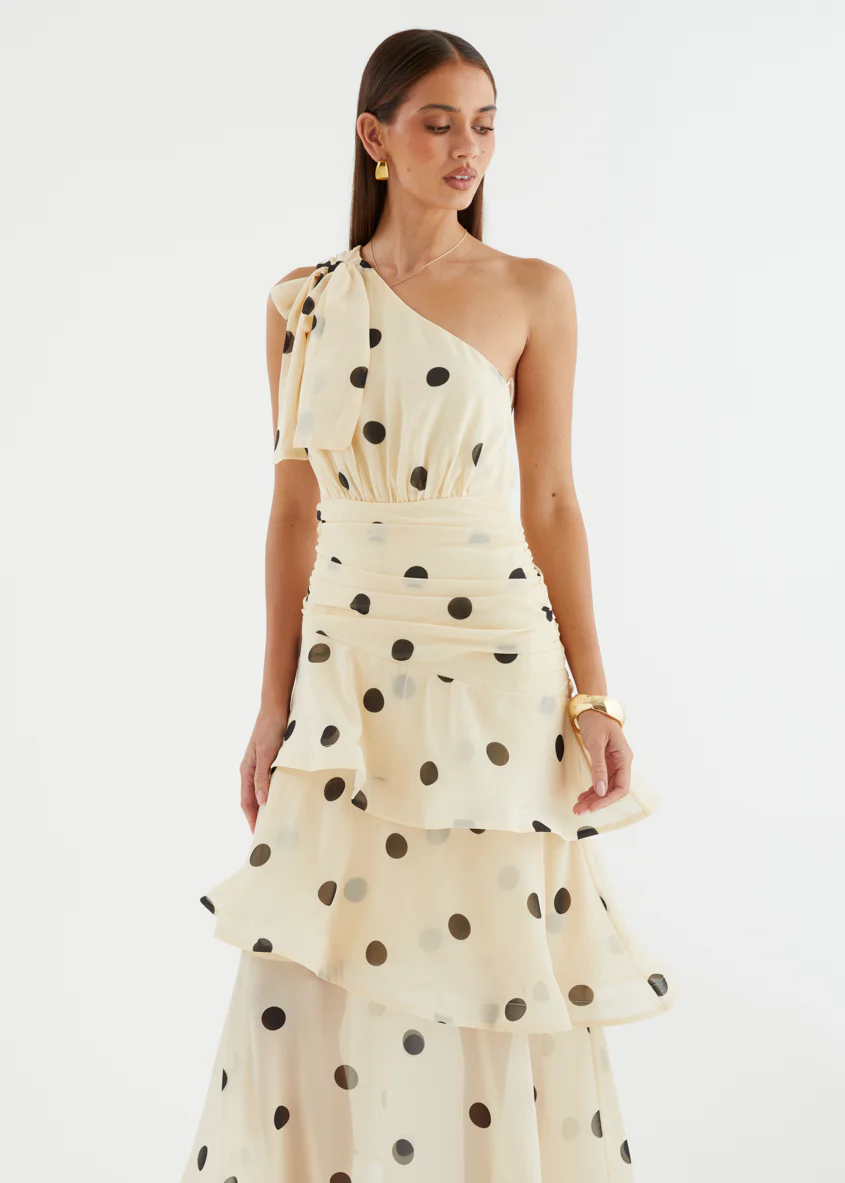 Bailee One Shoulder Midi Dress - Cream Polka - Image 19