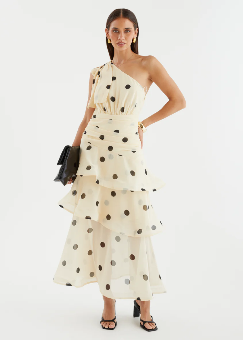 Bailee One Shoulder Midi Dress - Cream Polka - Image 24