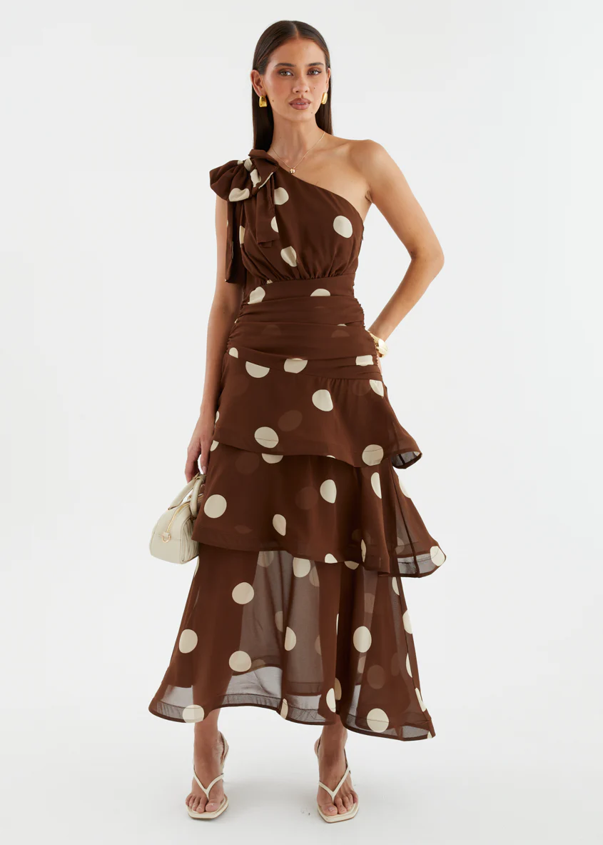 Bailee One Shoulder Midi Dress - Tan Polka
