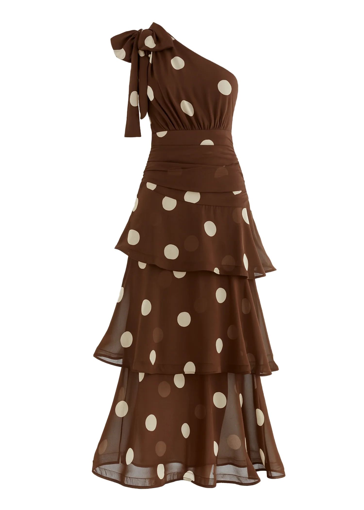 Bailee One Shoulder Midi Dress - Tan Polka - Image 2