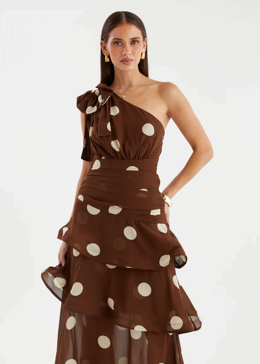 Bailee One Shoulder Midi Dress - Tan Polka - Image 3