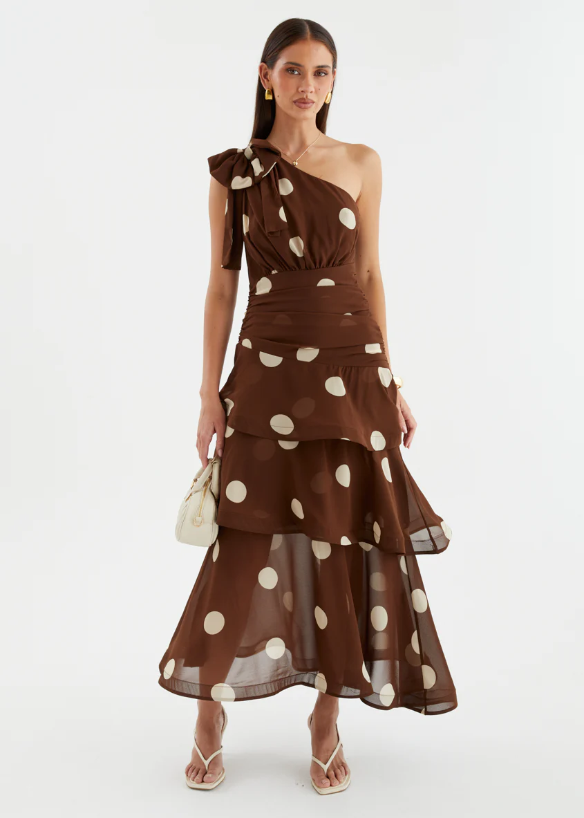 Bailee One Shoulder Midi Dress - Tan Polka - Image 4