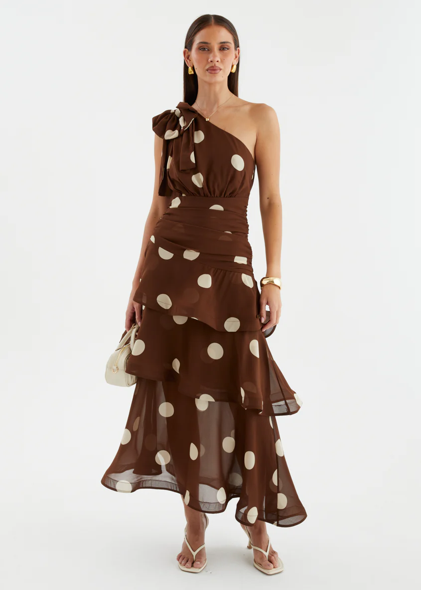 Bailee One Shoulder Midi Dress - Tan Polka - Image 5