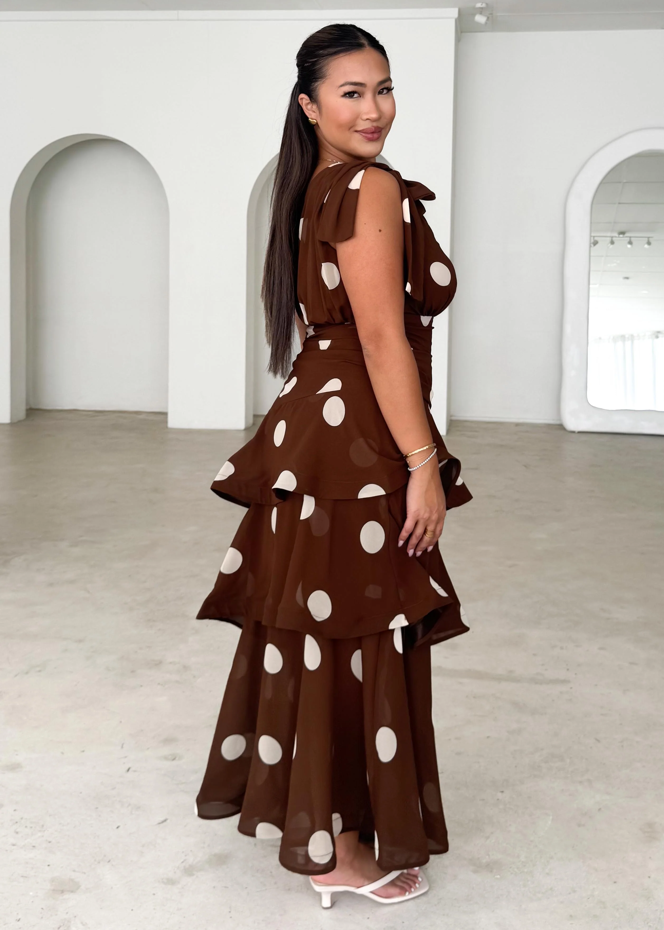Bailee One Shoulder Midi Dress - Tan Polka - Image 7