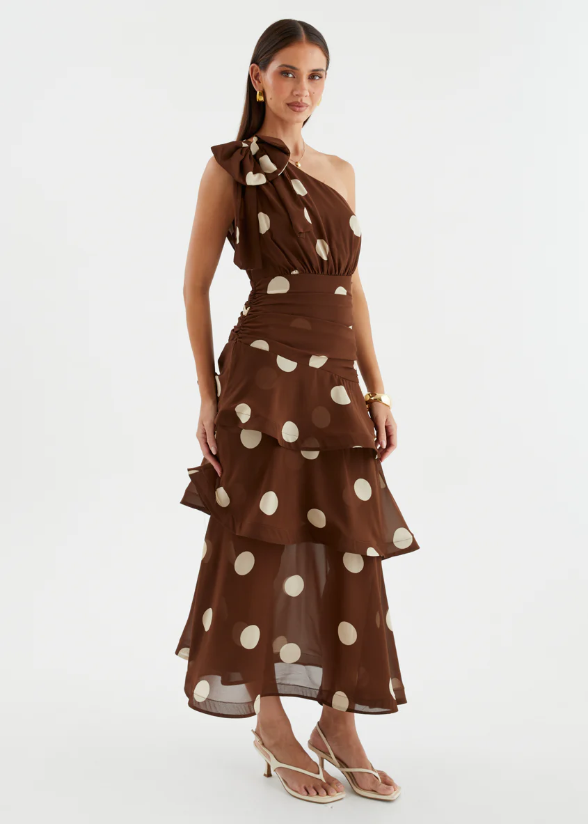 Bailee One Shoulder Midi Dress - Tan Polka - Image 9