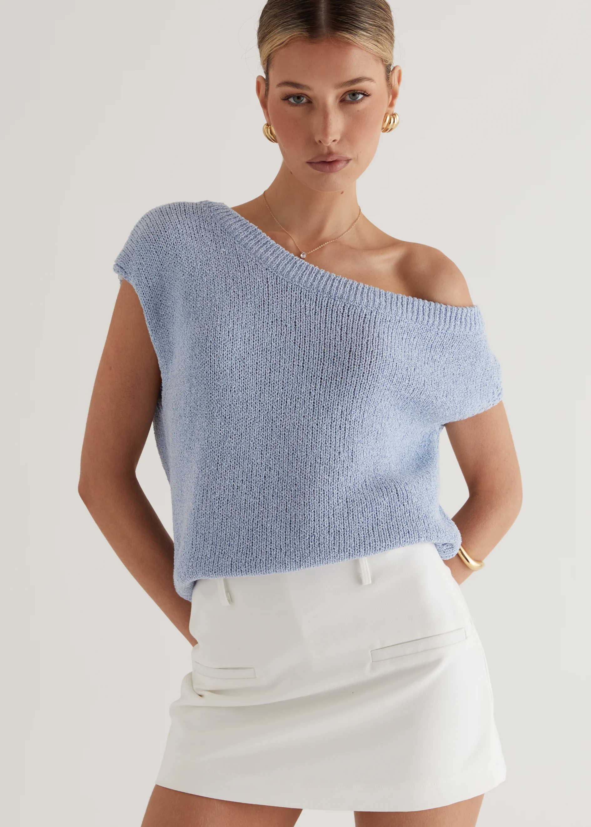 Casoni One Shoulder Knit Top - Powder Blue