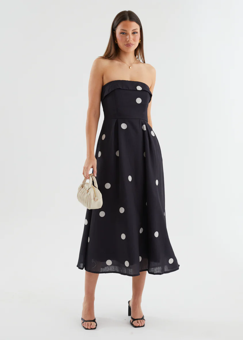 Charlee Strapless Midi Dress - Black Polka - Image 2