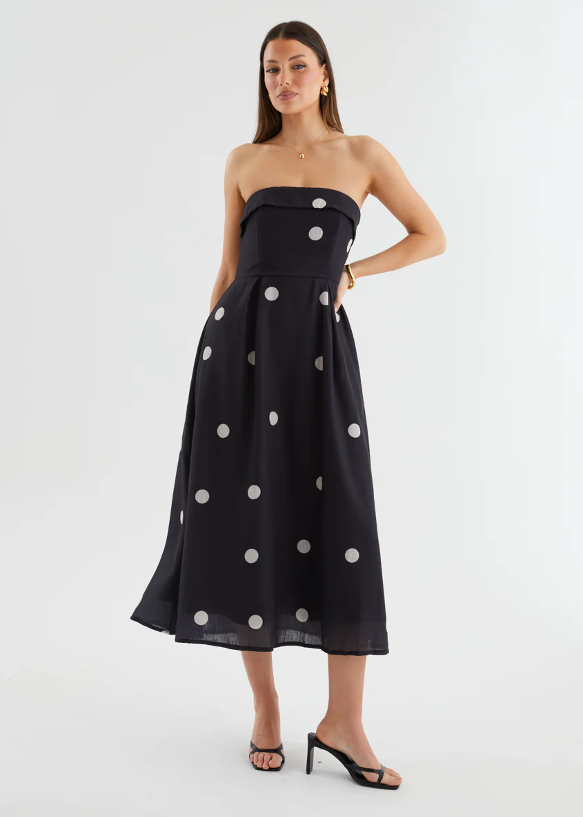 Charlee Strapless Midi Dress - Black Polka - Image 4