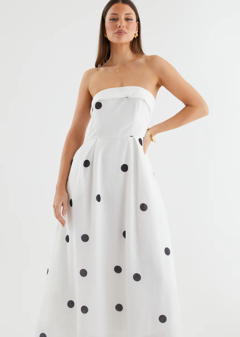 Charlee Strapless Midi Dress - White Polka - Image 3