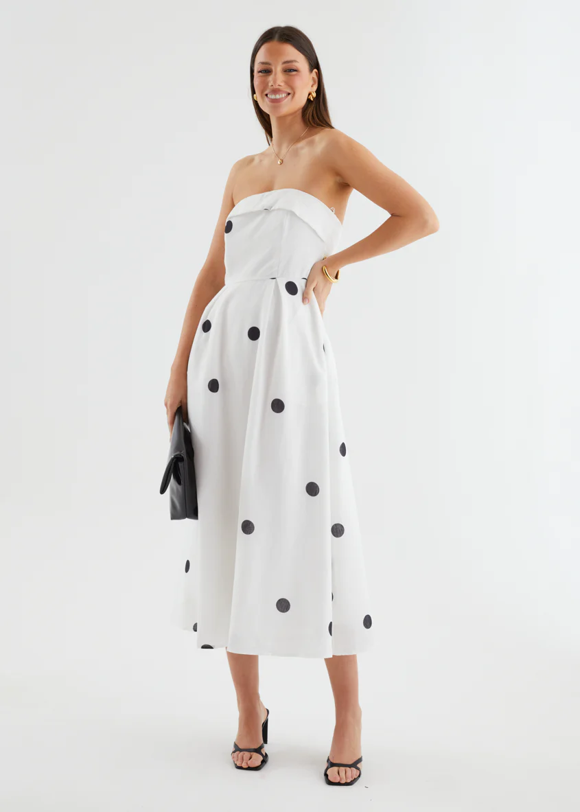 Charlee Strapless Midi Dress - White Polka - Image 4