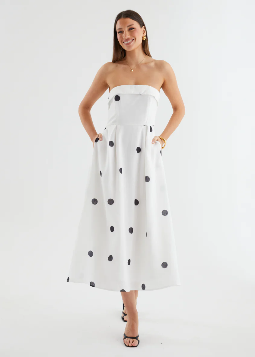 Charlee Strapless Midi Dress - White Polka - Image 5