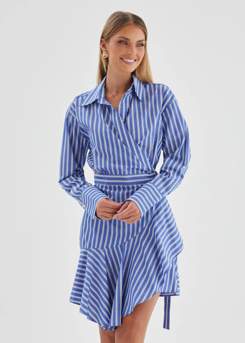 Damelia Wrap Dress - Blue Stripe - Image 4