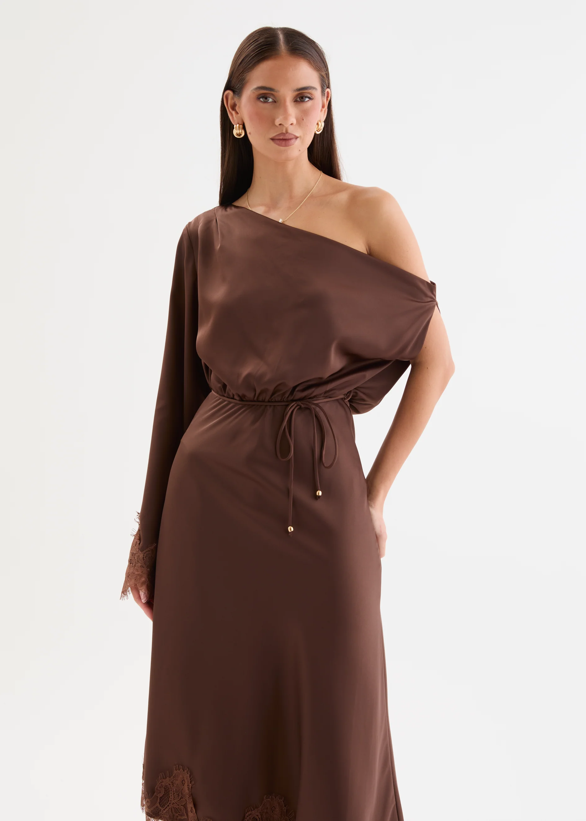 Devina One Shoulder Midi Dress with Tie - Choc Lace - Image 2