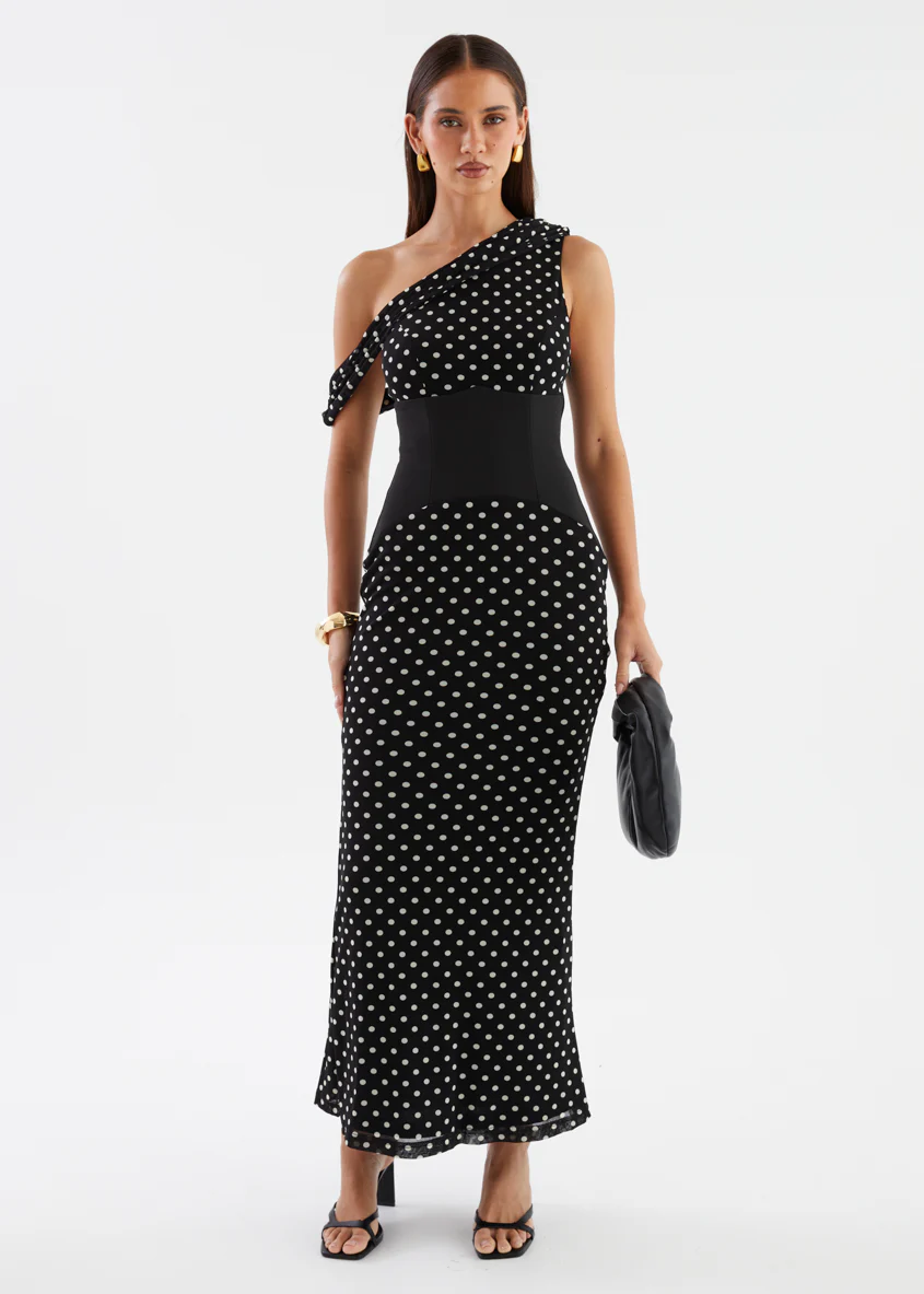Dixie Drop Shoulder Maxi Dress - Black Polka