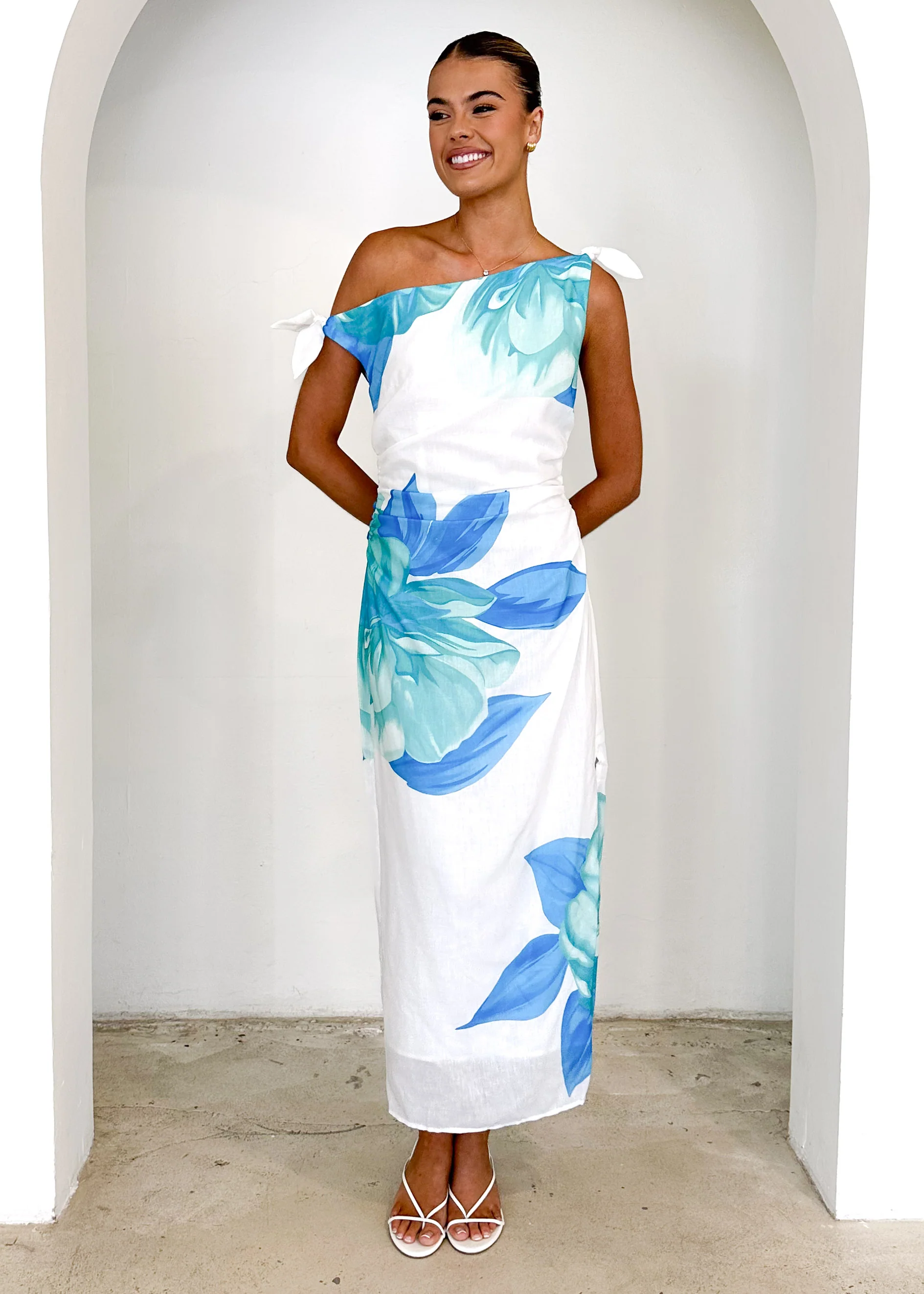 Dulcie One Shoulder Midi Dress - Blue Flowers - Image 2