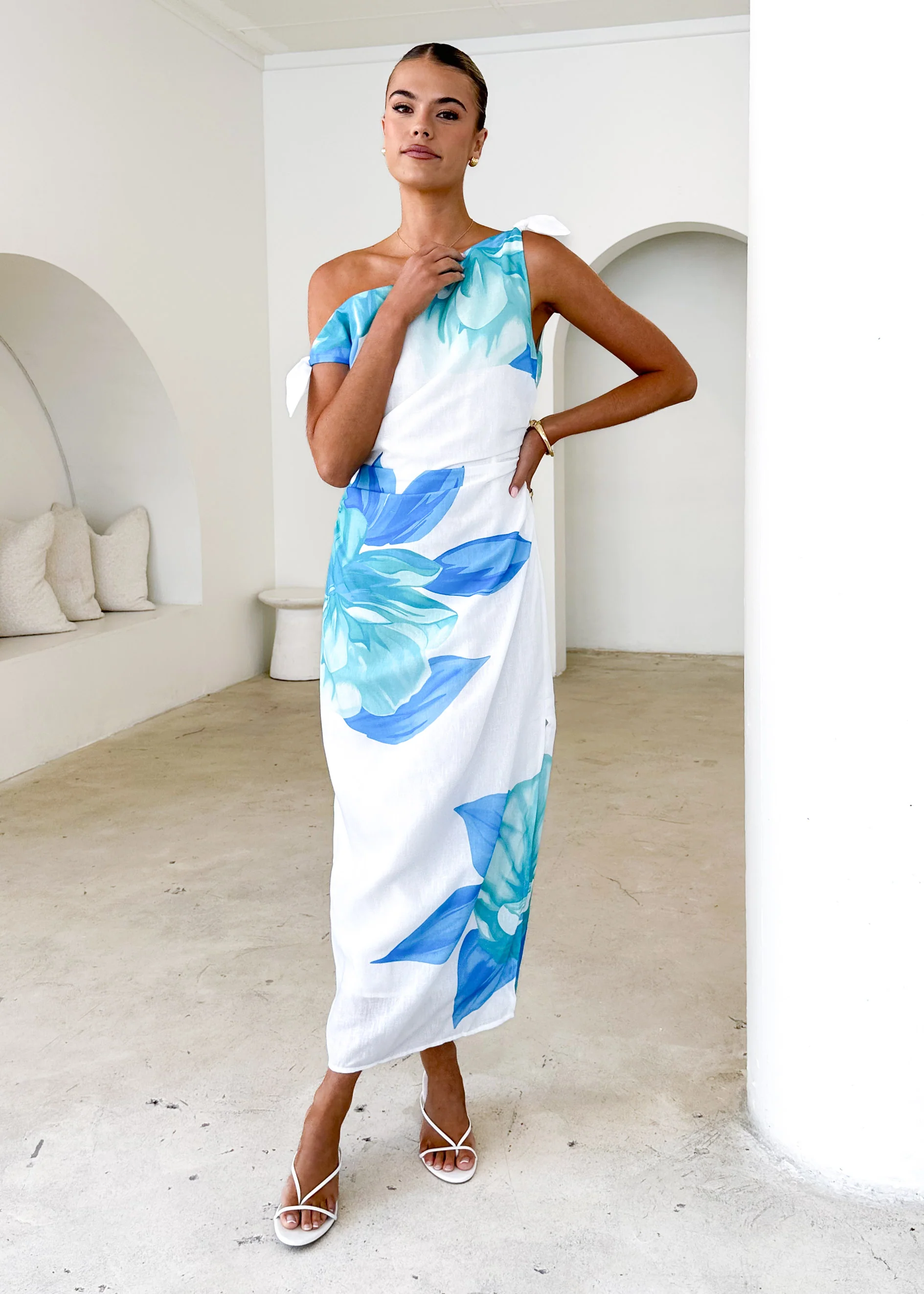 Dulcie One Shoulder Midi Dress - Blue Flowers - Image 3
