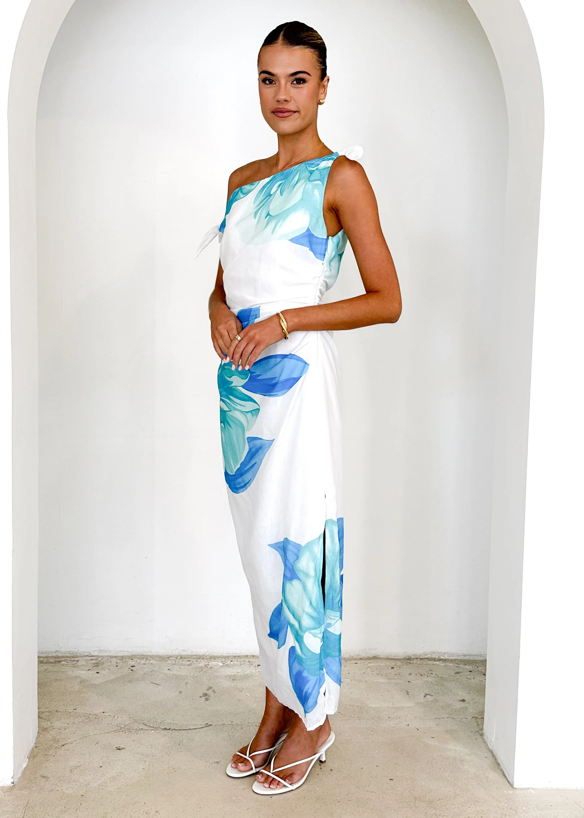 Dulcie One Shoulder Midi Dress - Blue Flowers - Image 4