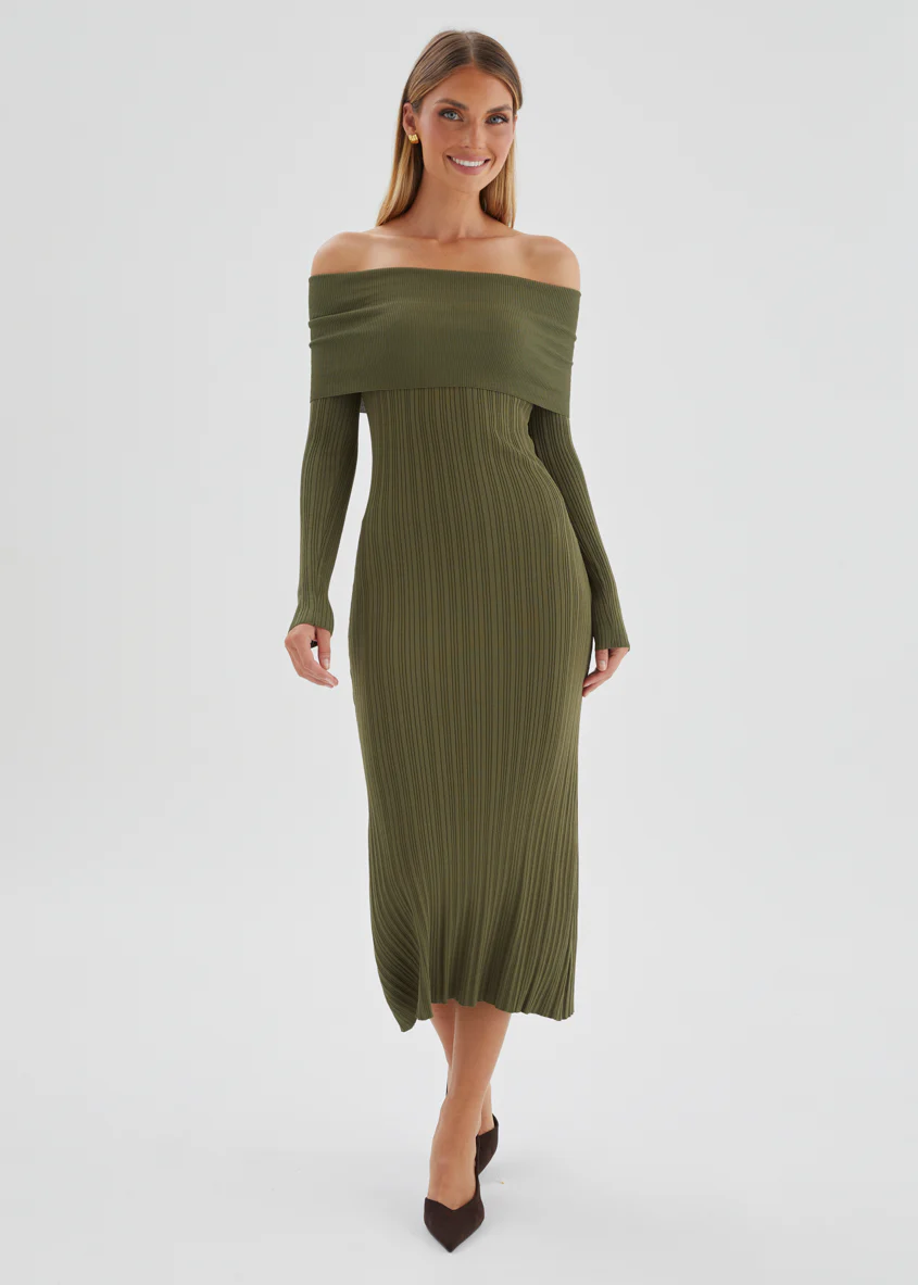 Eliora Off Shoulder Knit Maxi Dress - Khaki - Image 4