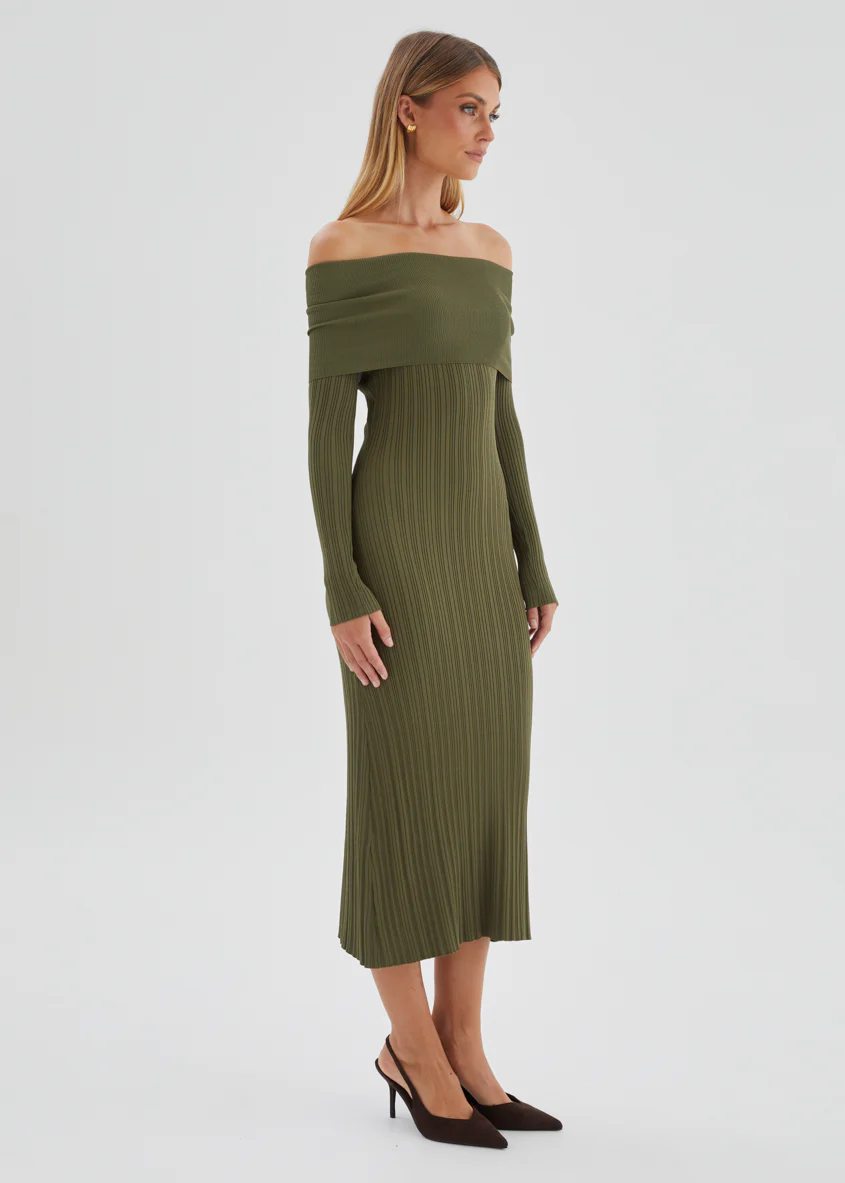 Eliora Off Shoulder Knit Maxi Dress - Khaki - Image 5