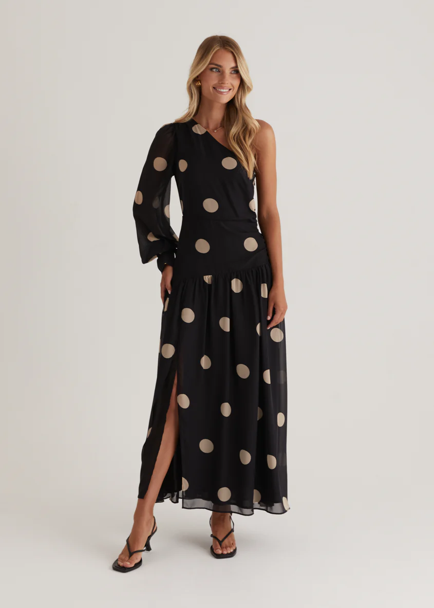 Ella One Shoulder Maxi Dress - Black Polka - Image 11