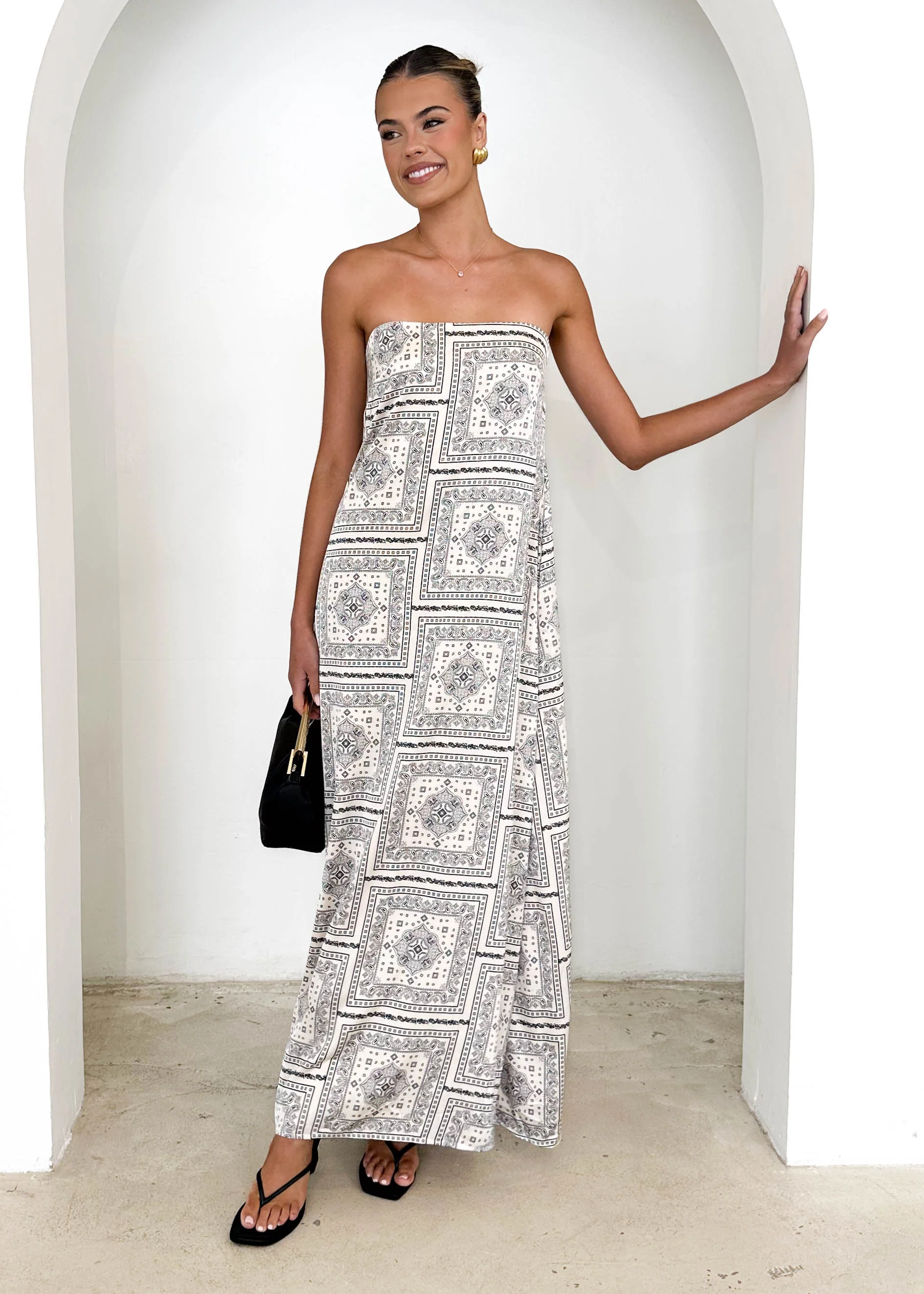 Elsbury Strapless Maxi Dress - Cream Patchwork - Image 3