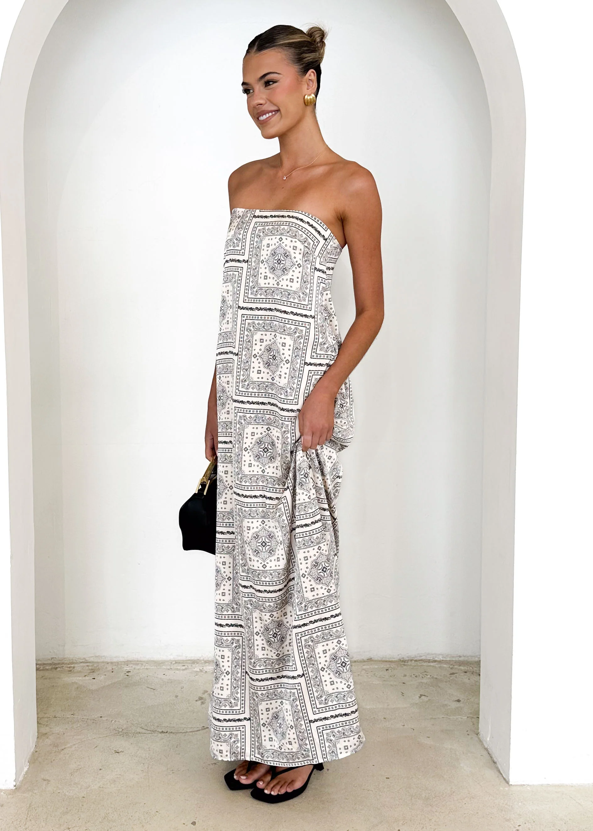 Elsbury Strapless Maxi Dress - Cream Patchwork - Image 4