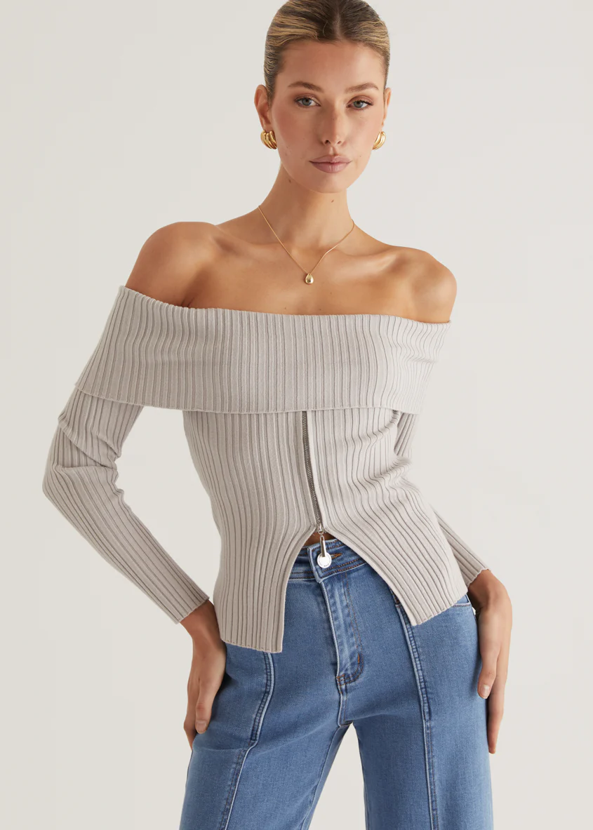 Ember Off Shoulder Knit Top - Stone - Image 11